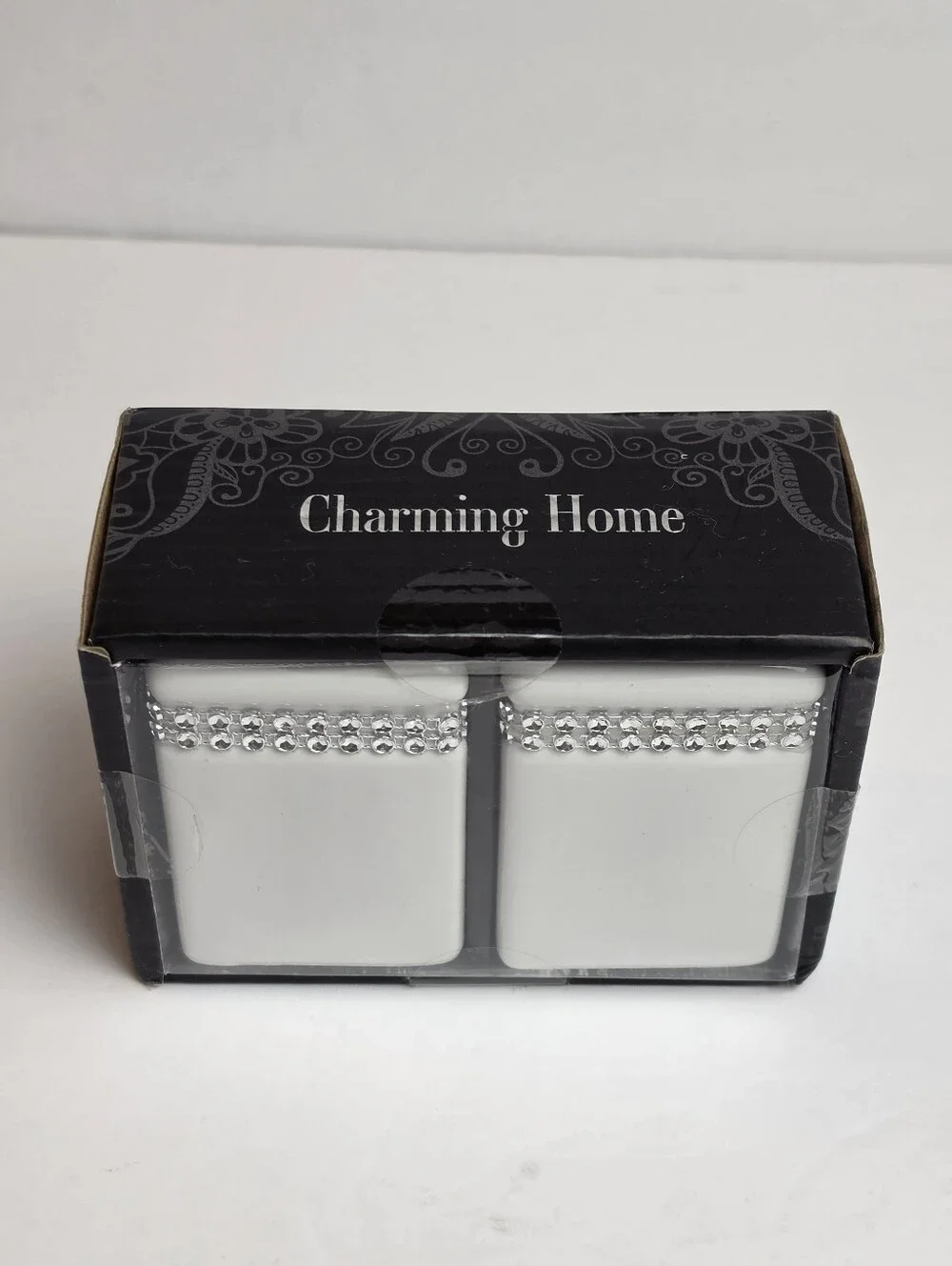Charming Home Salt and Pepper Shakers White Ceramic Rhinestone Bling Boxed Set